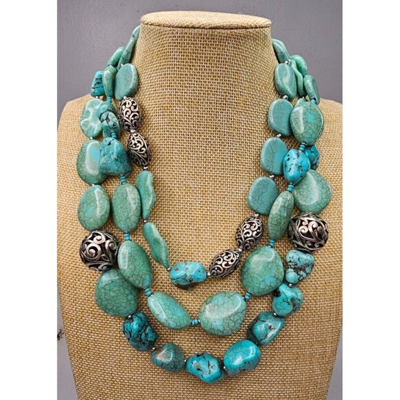Chico's Chunky Faux Turquoise Natural Stone Silver Tone Triple Strand Necklace - Picture 1 of 6